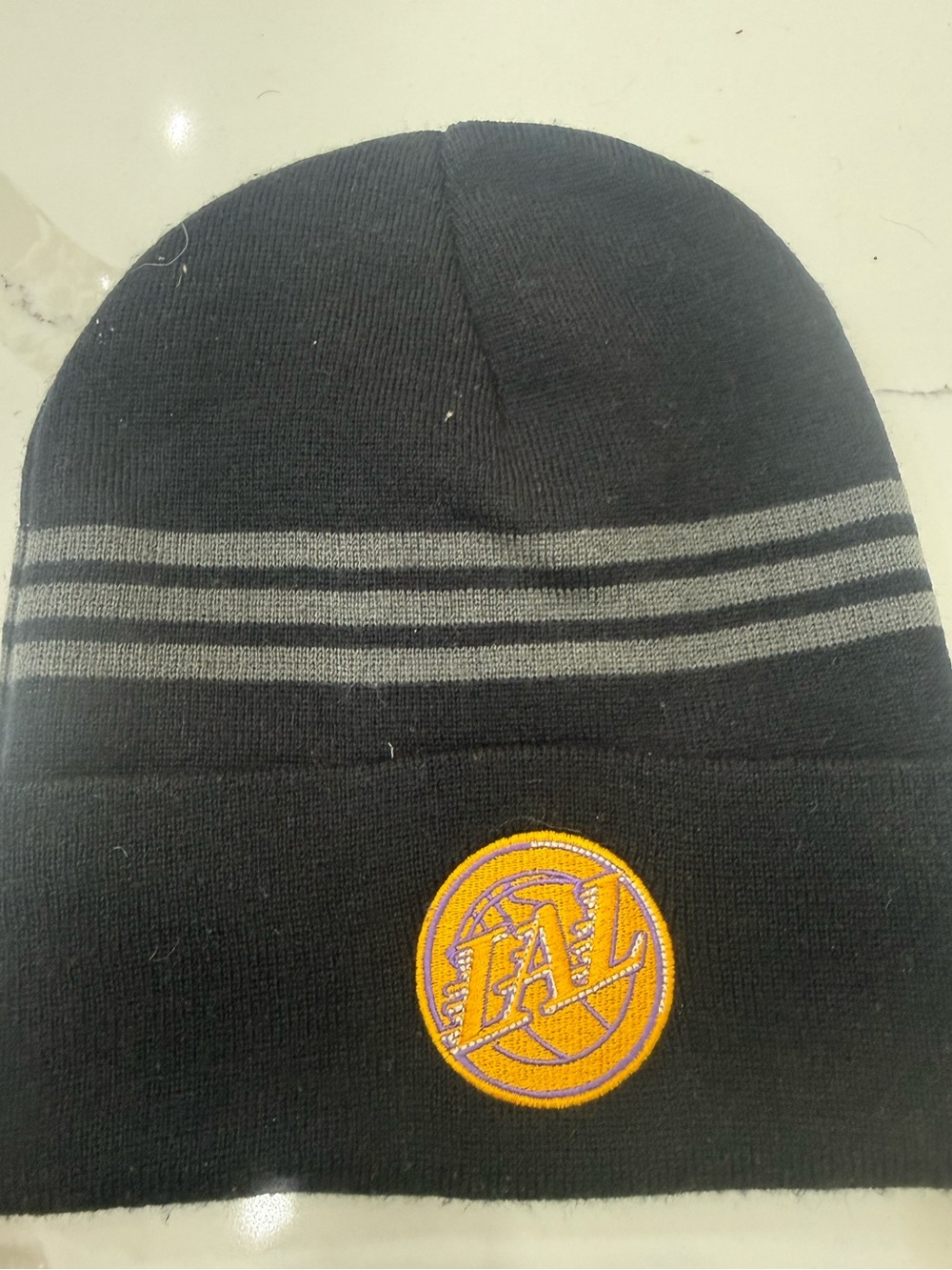 adidas Lakers Black Beanie with Grey Stripe Accents